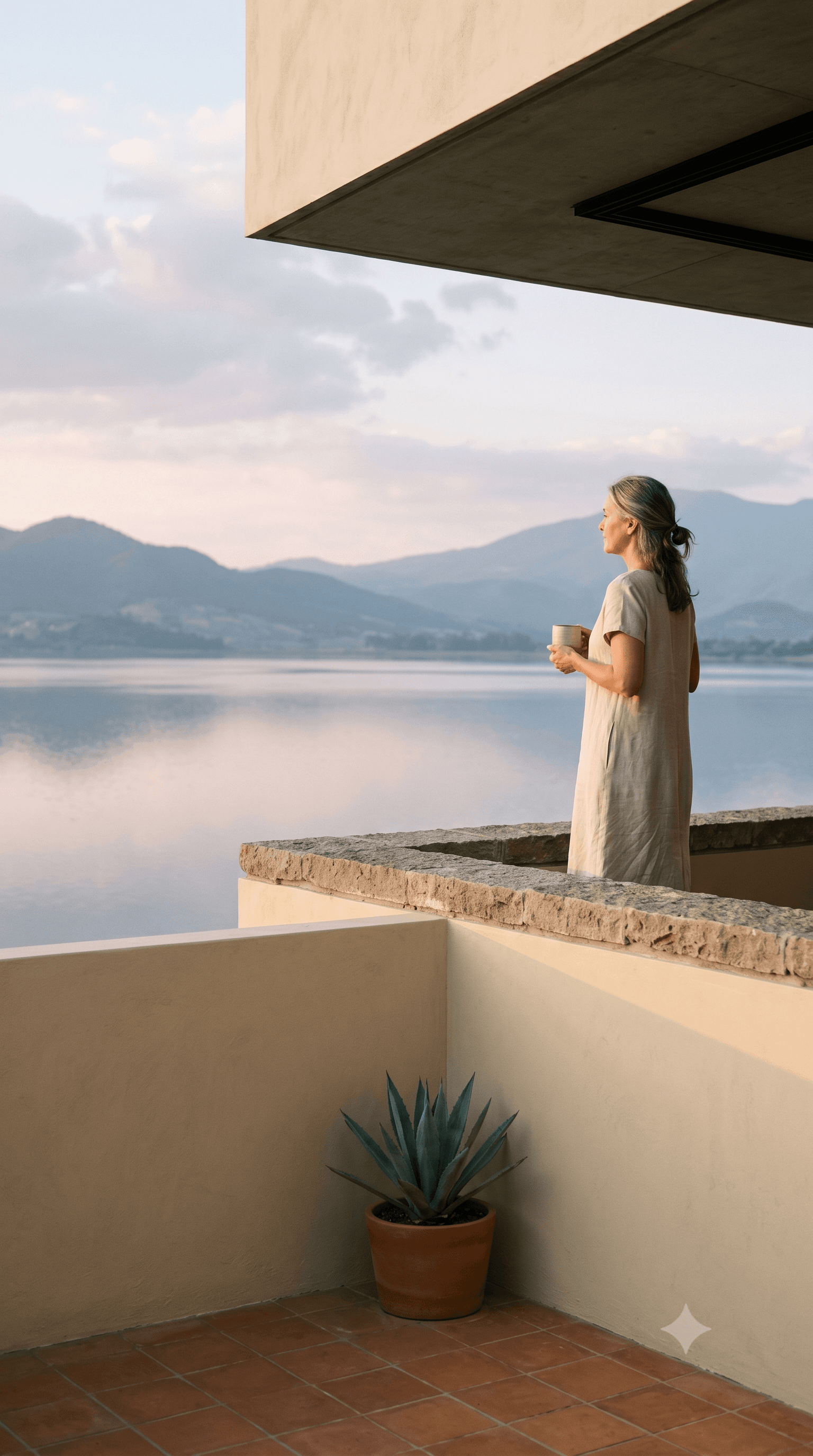A modern home terrace above Lake Chapala at dawn, a woman looking out at the water with a cup of coffee