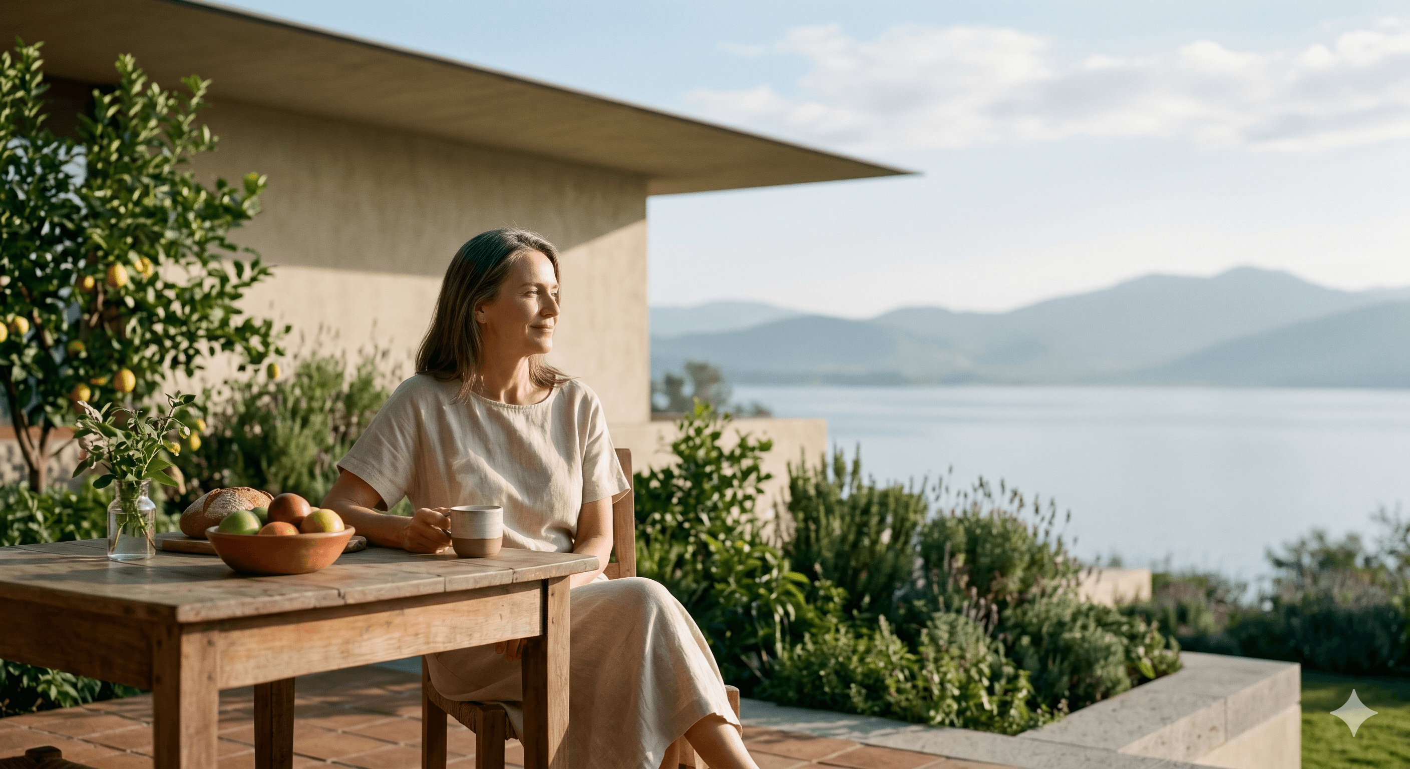 A woman at a morning table in her garden above Lake Chapala, coffee and fruit in the soft light, the life arrived at