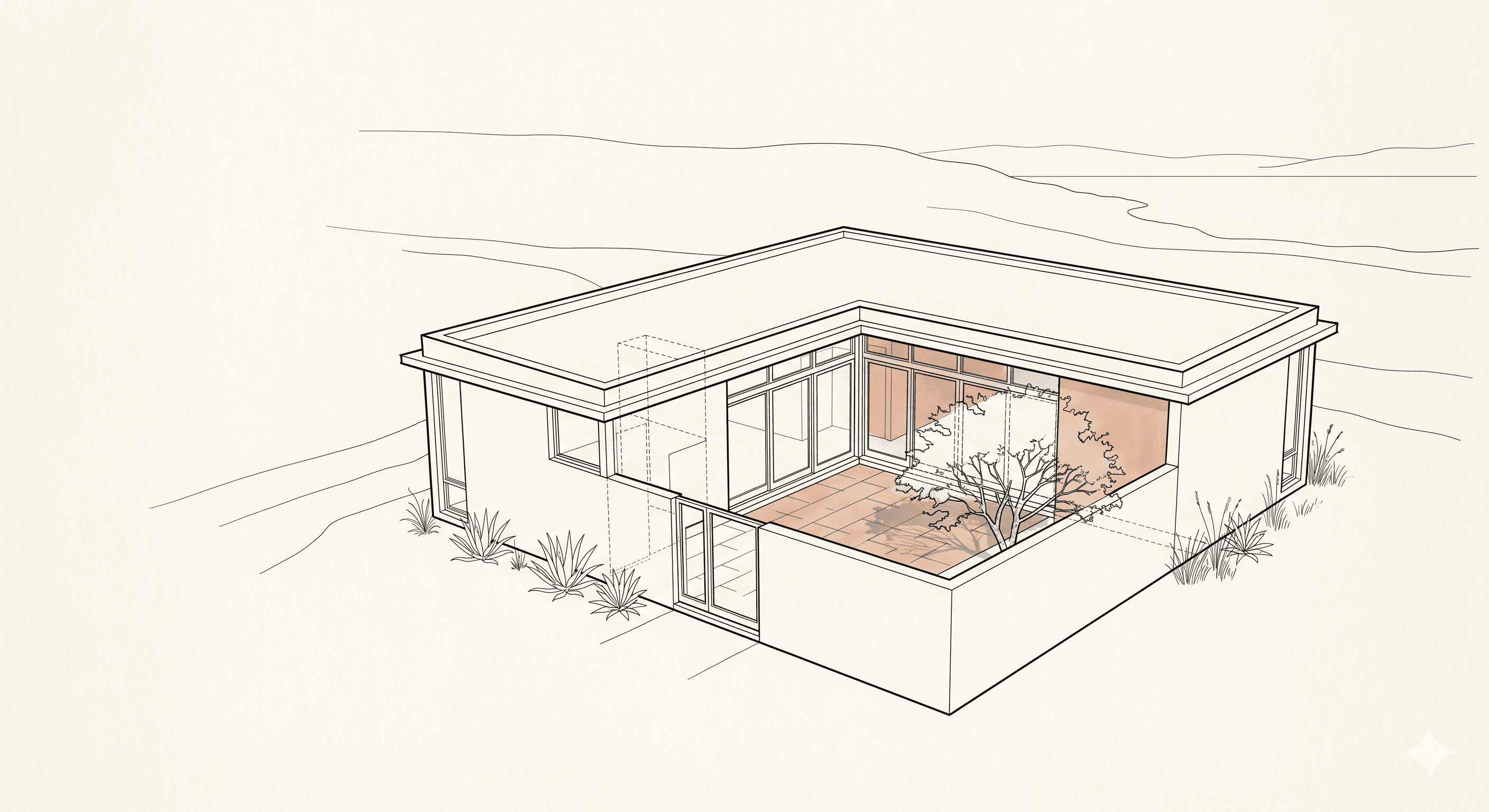 A line drawing of the finished home design, the whole house resolved on paper before the build