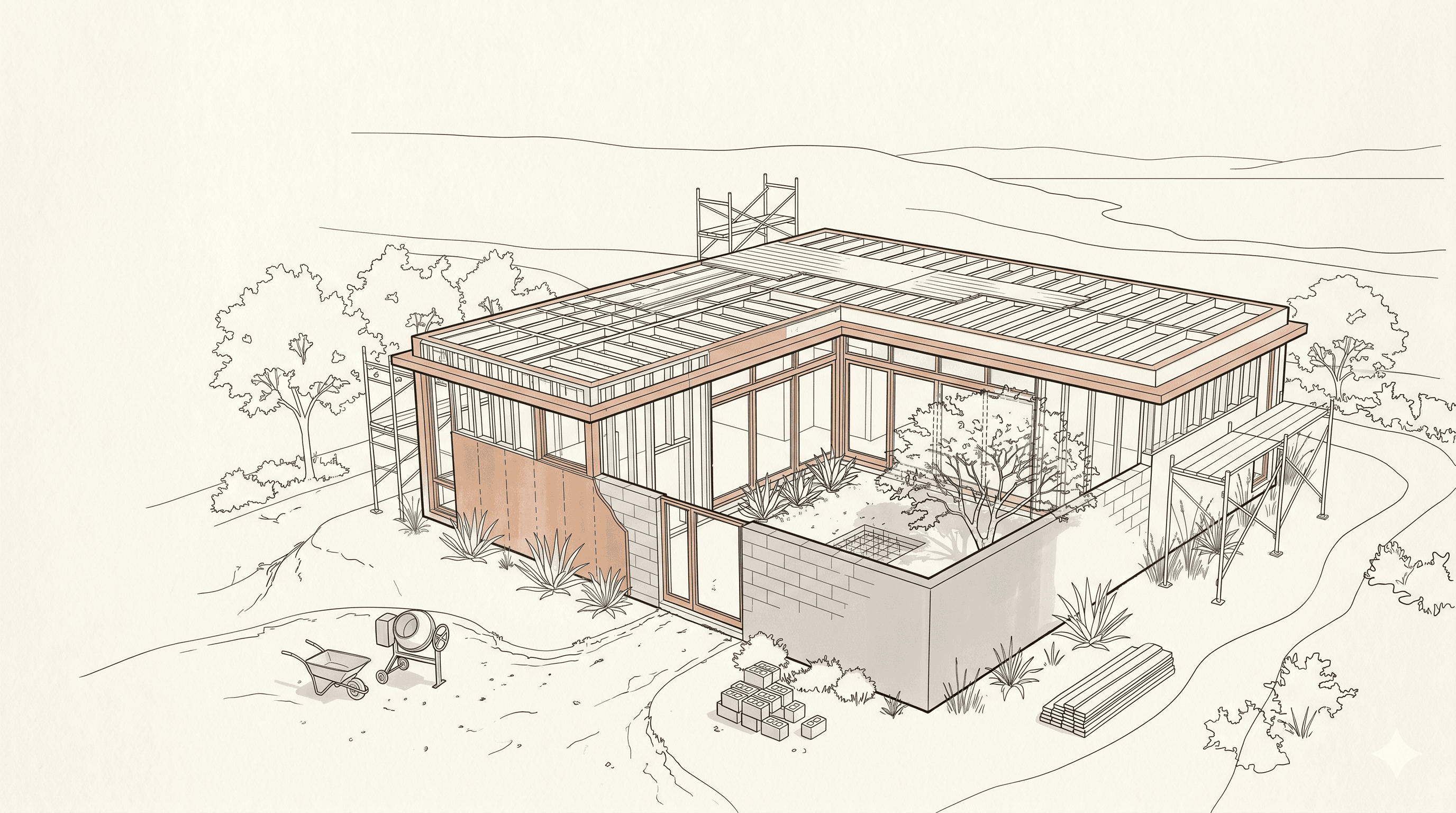 A line drawing of the same home under construction, the frame and walls rising