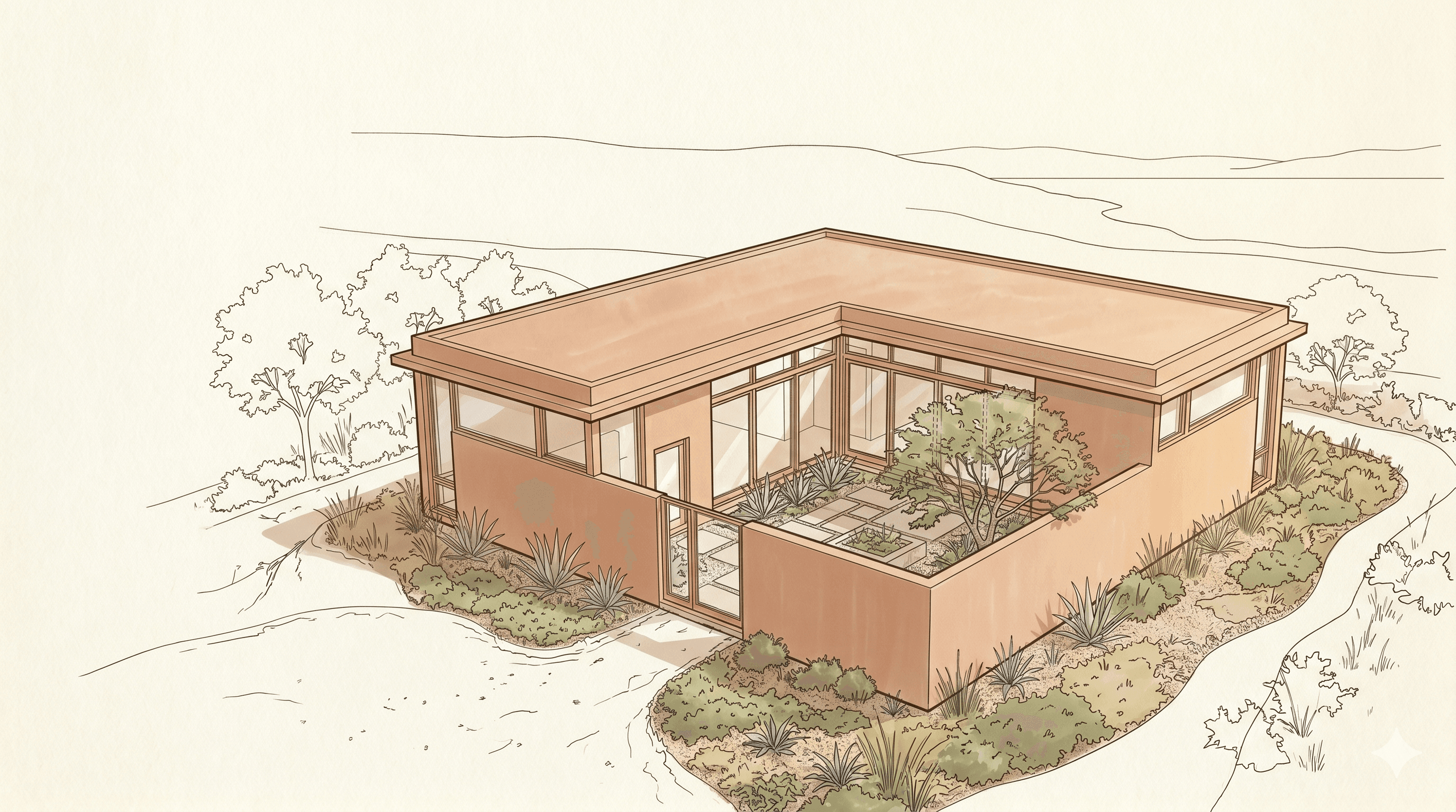 A colored drawing of the same home complete, walls finished and the courtyard planted