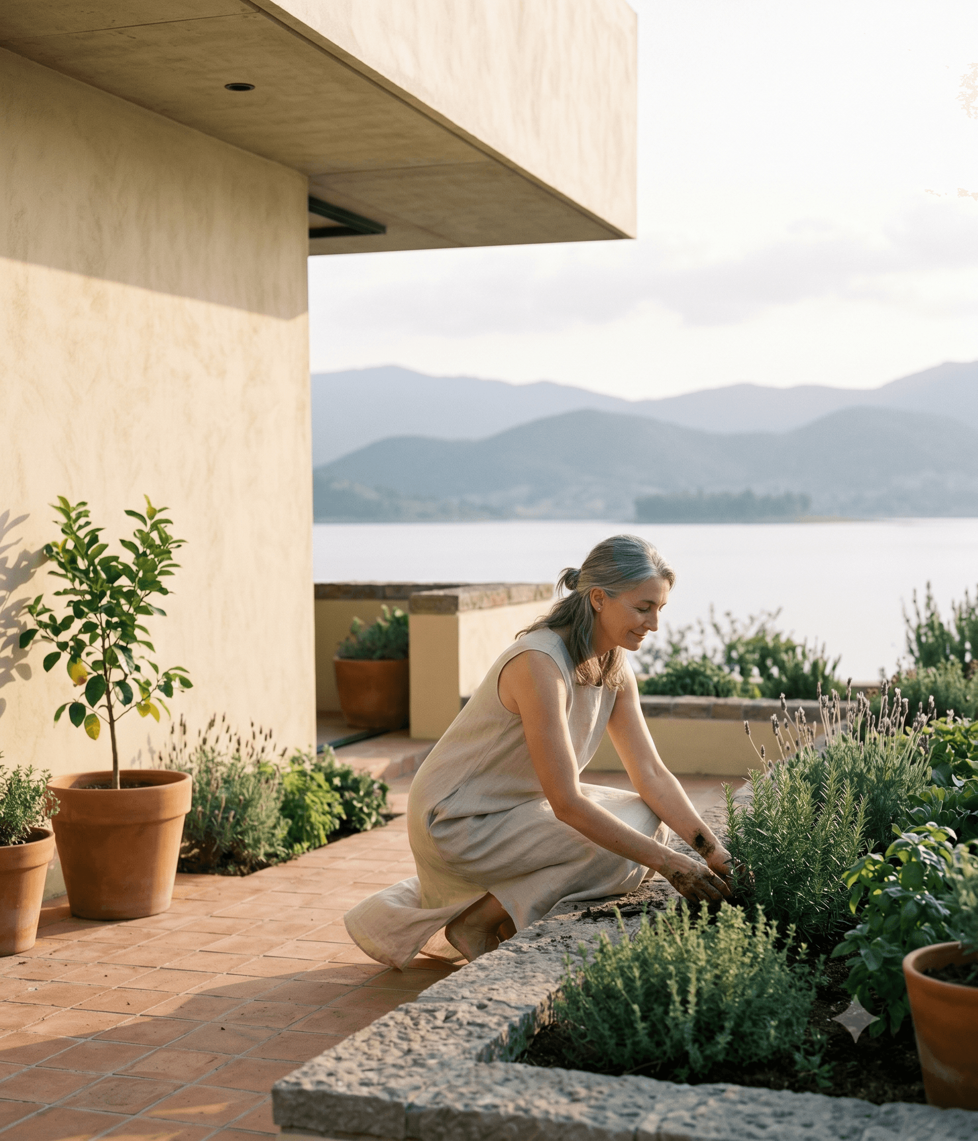 A woman tending a herb garden on the terrace of her home above Lake Chapala in the morning light